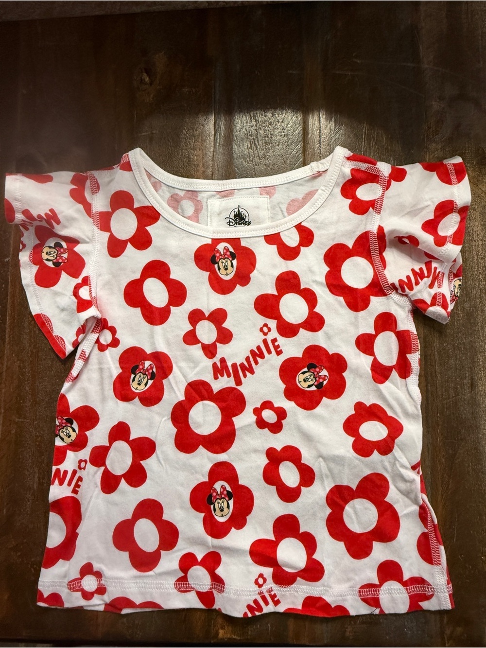 Disney Girls Size XS 4 Minnie Mouse Red Floral Flutter Sleeve Tee EUC
